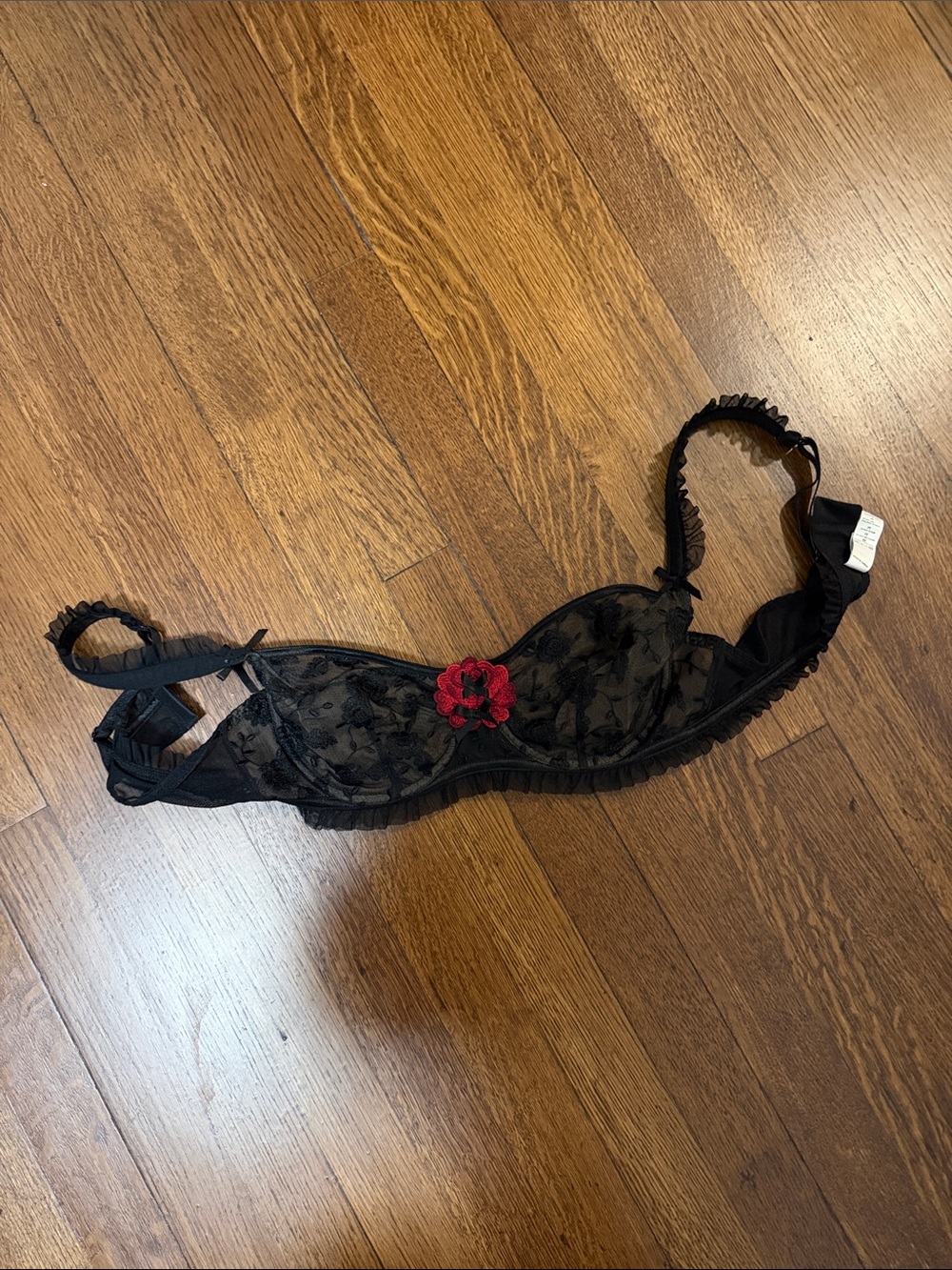 Aubade Black Lace Underwire Bra with Red Floral Appliqué